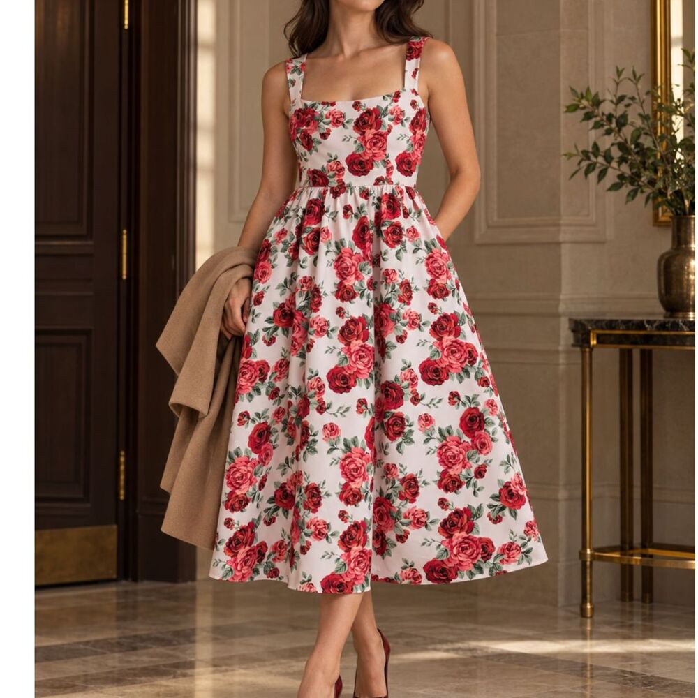 Sachin & Babi Blaine Floral Taffeta Square Neck Midi Dress 14 Romantic Feminine